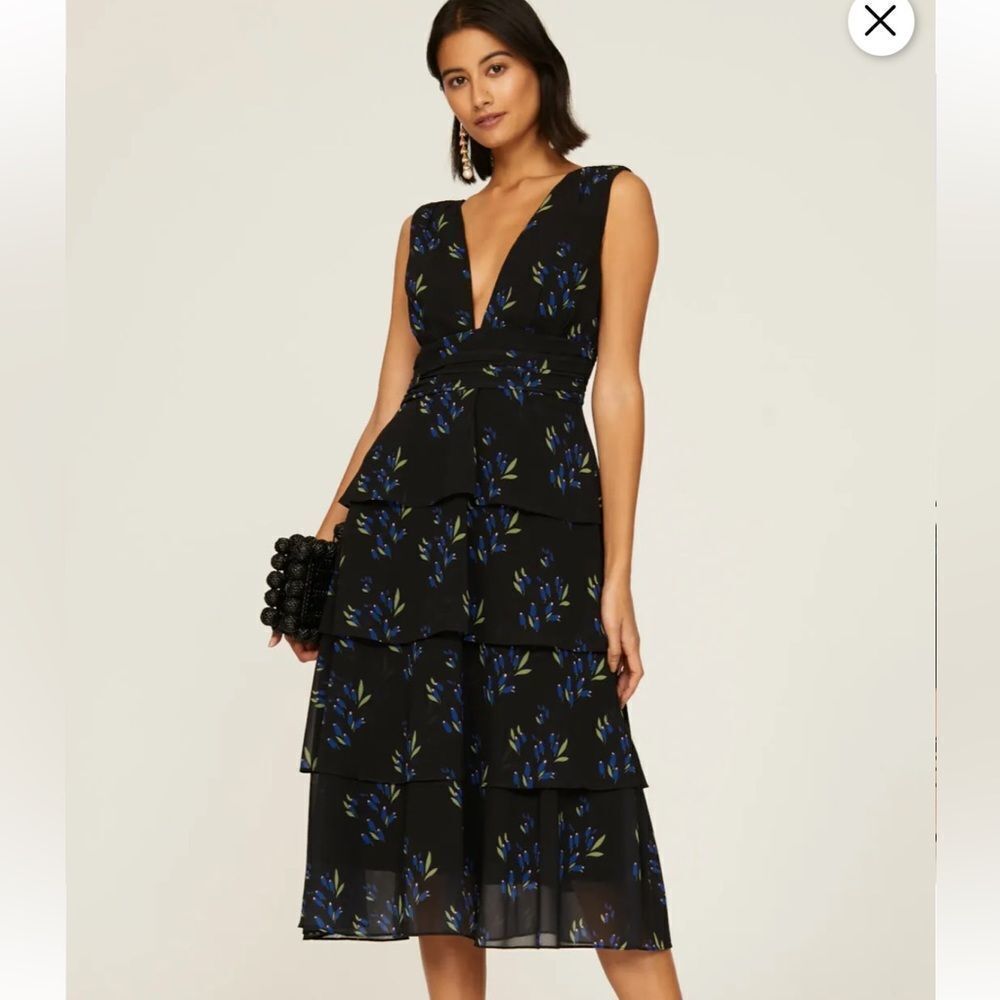 Amur Fionna Black Floral Ruffle Midi Dress | Size 4